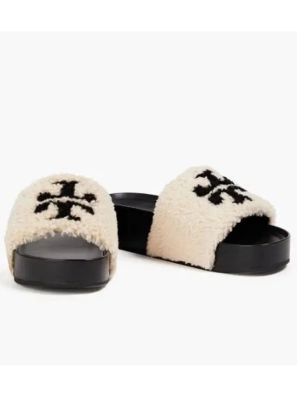 Tory Burch Women's Black Double T Shearling Platform Slide Sandals‎ Size 9
